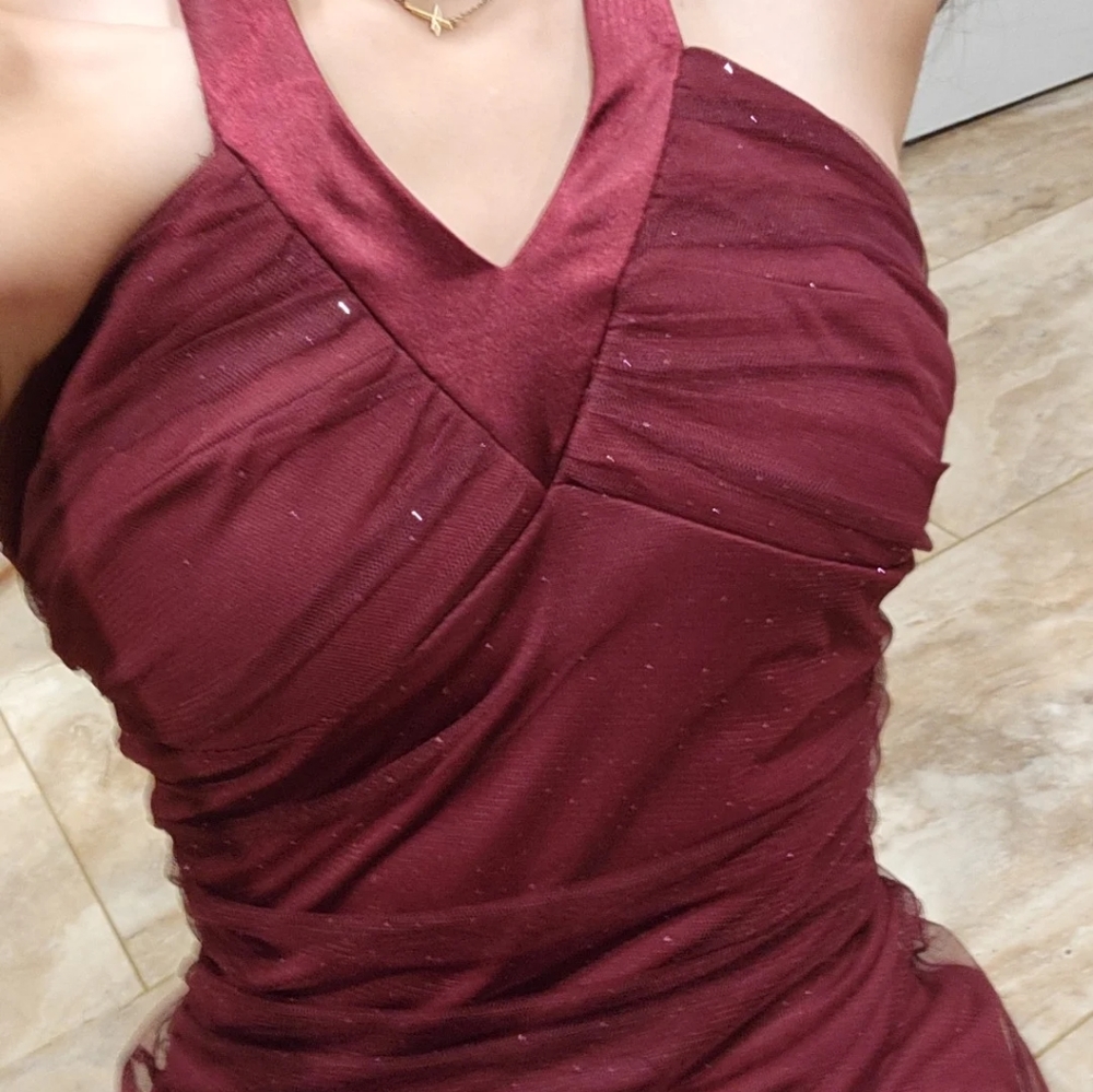 Simple Burgundy Halter Dress, Sparkly Tulle Overlay, Slight Ruffle at the Bottom